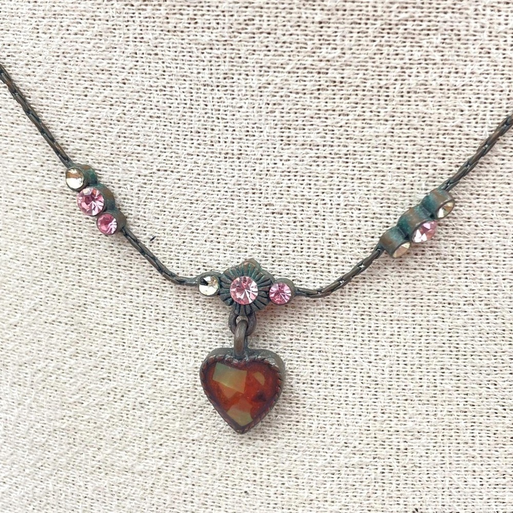Vintage Bronze Tone Heart‎ Pendant Necklaces Pink Glass Boho Fashion Jewelry Y2K